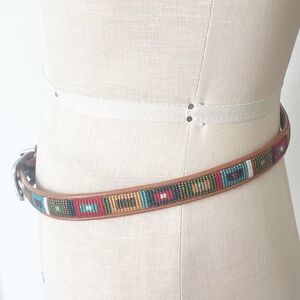 Brighton boho beaded skinny belt, leather belt, silver tone buckle, colorful